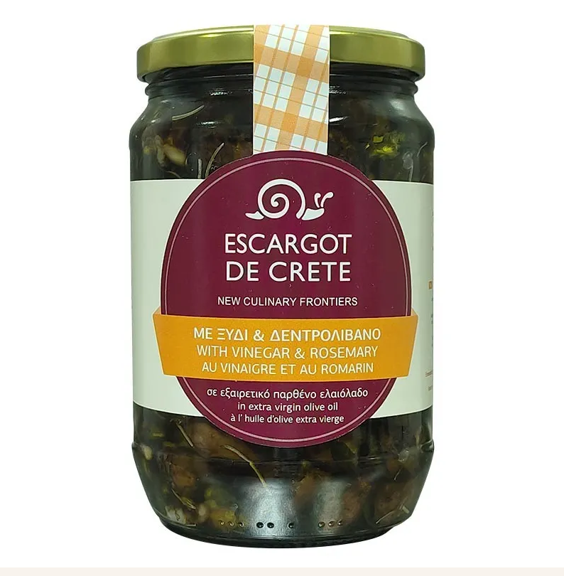 Snail fillets in Cretan olive oil Snail fillets in Cretan olive oil, with vinegar and rosemary (orange label) 640 gr